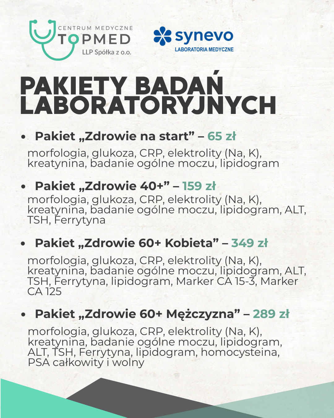 grafika z tekstem informacji o pakietach badań